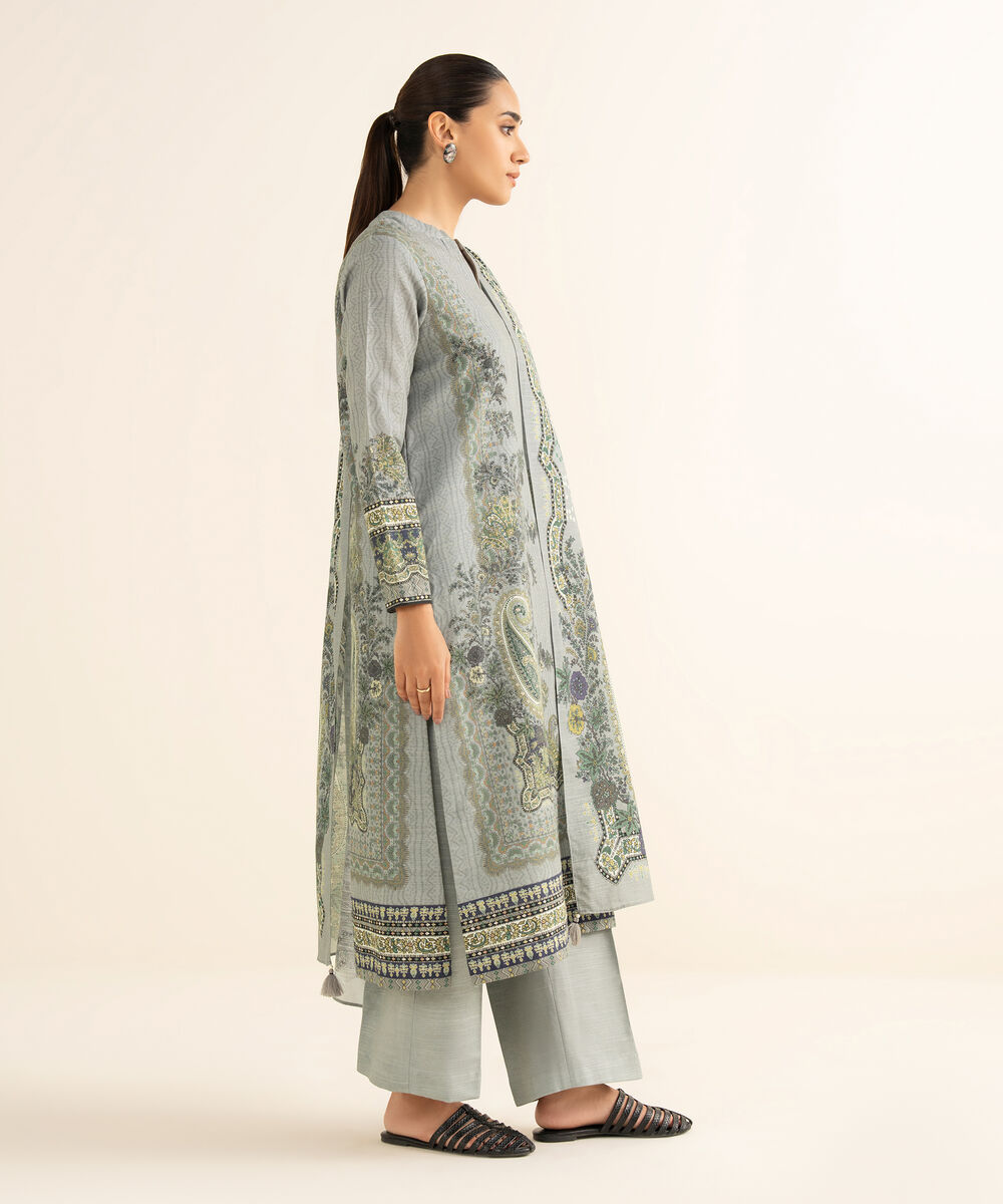 Women's Unstitched Cotton Printed Grey 3 Piece Suit