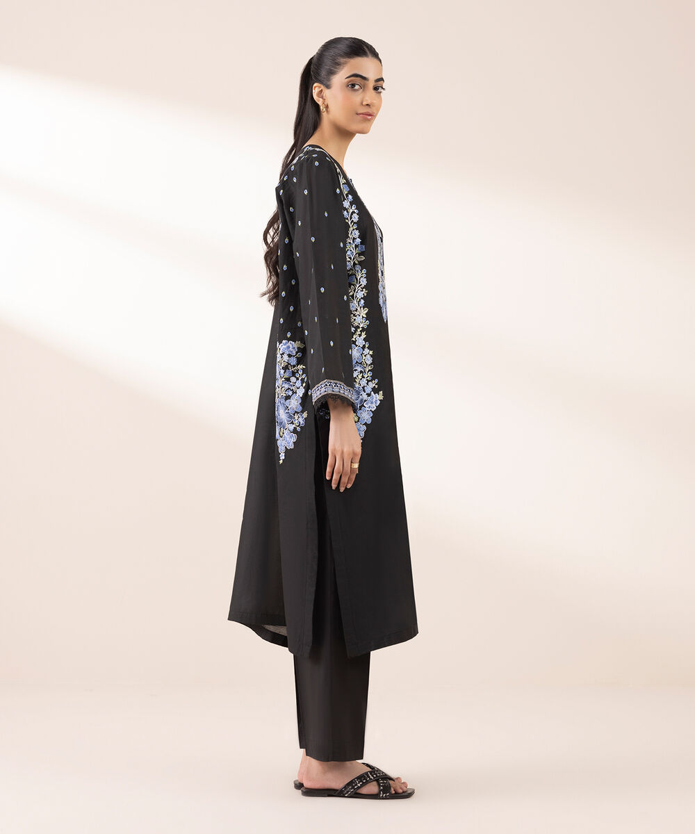 Women's RTW Lawn Black Embroidered A-Line Shirt