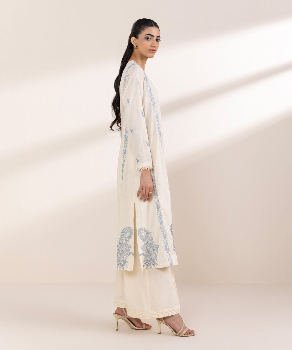 Women's RTW Cotton Jacquard Off White Embroidered A-Line Shirt