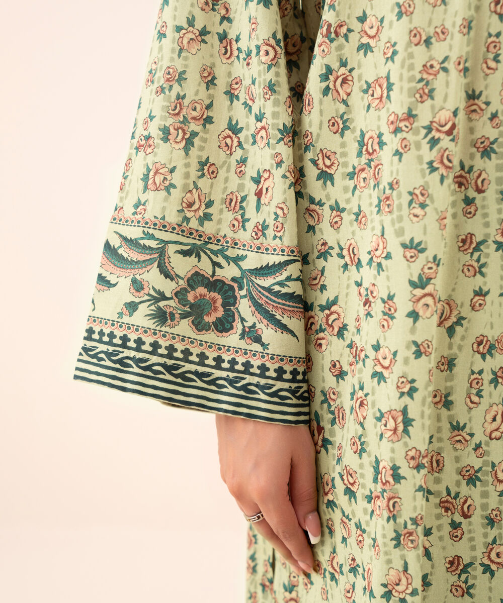 Women's Unstitched Cotton Printed Beige Three Piece Suit