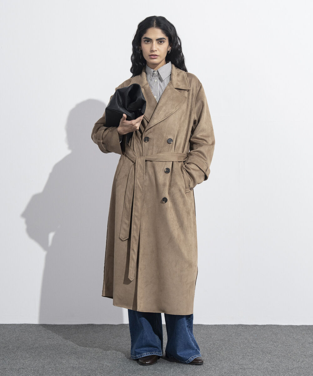 Women's Western Wear Light Camel Faux Suede Trench Coat