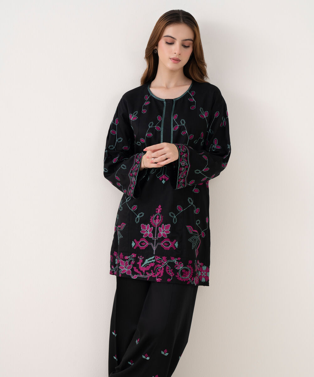 Women's RTW Viscose Marina Embroidered Black Straight Shirt