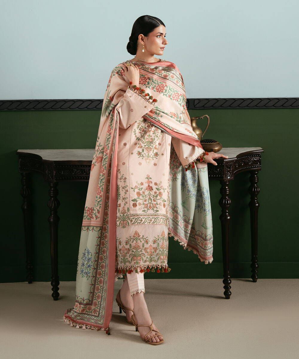 Women's Unstitched Lawn Embroidered Pink 3 Piece Suit