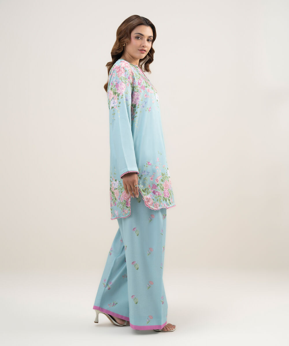 Women's RTW Dobby Printed Blue 2 Piece Suit