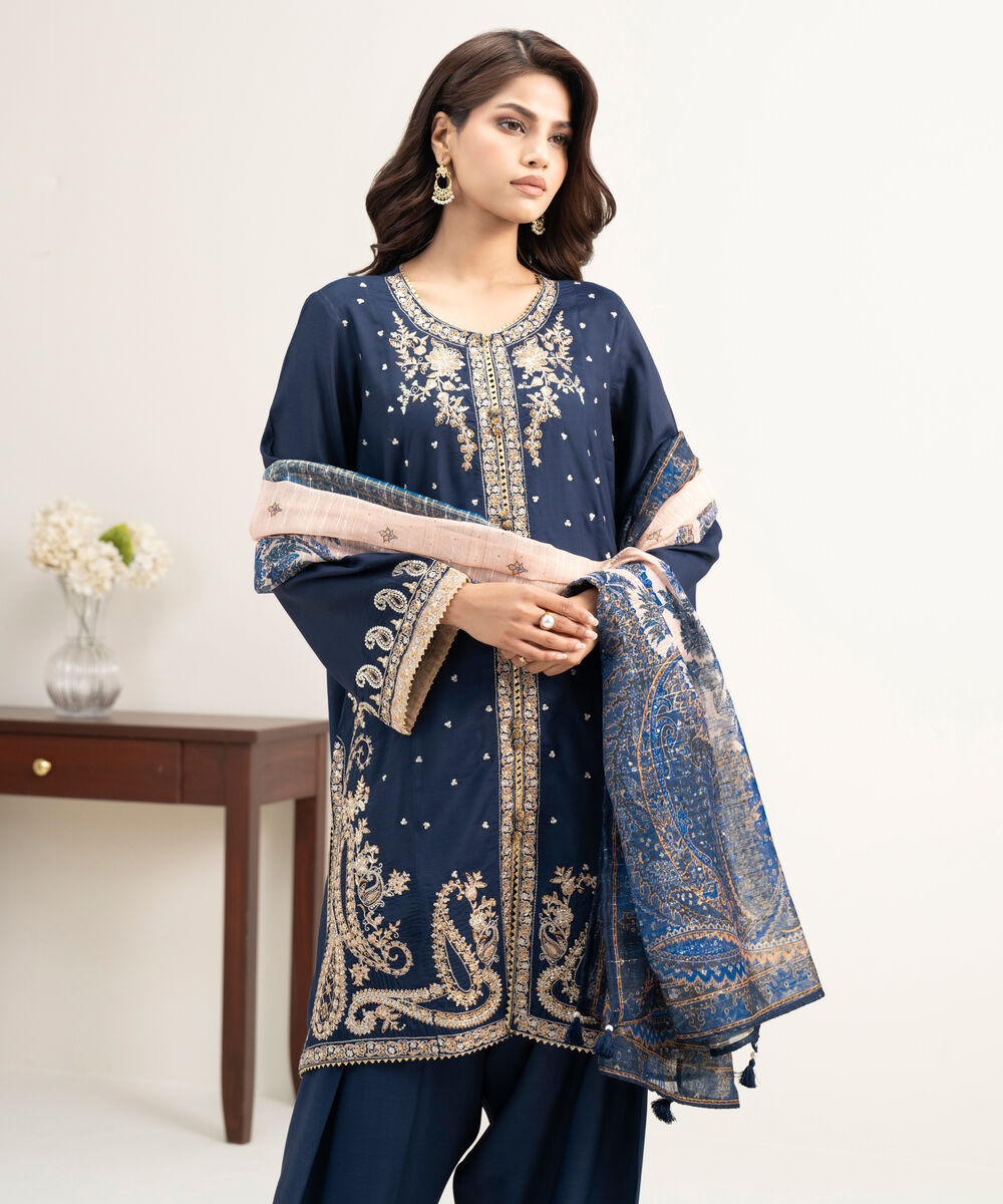 Women's RTW Viscose Raw Silk Embroidered Dark Blue 3 Piece Suit