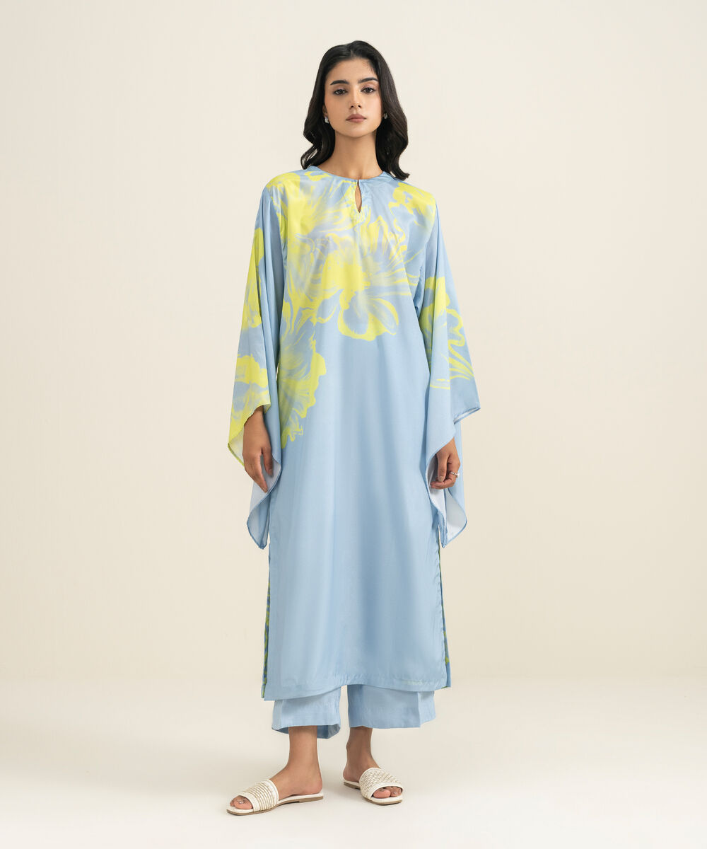 Women's RTW Blended Grip Silk Printed Ice Blue 2 Piece Suit