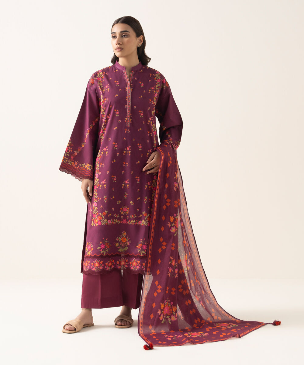 Women's Unstitched Lawn Printed Purple 3 Piece Suit