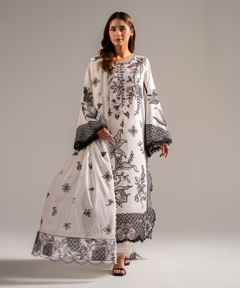 Women's RTW Dobby Embroidered White 3 Piece Suit
