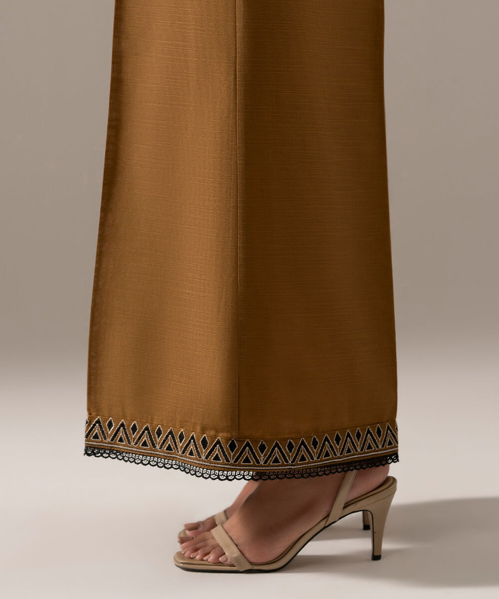 Women's RTW Khaddar Solid Mustard Brown Flared Pants