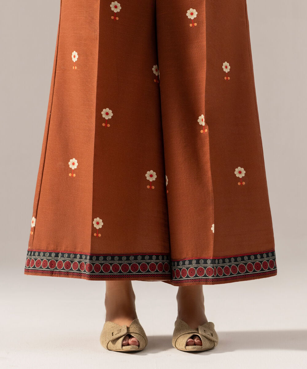 Women's RTW Printed Brown Khaddar Flared Pants