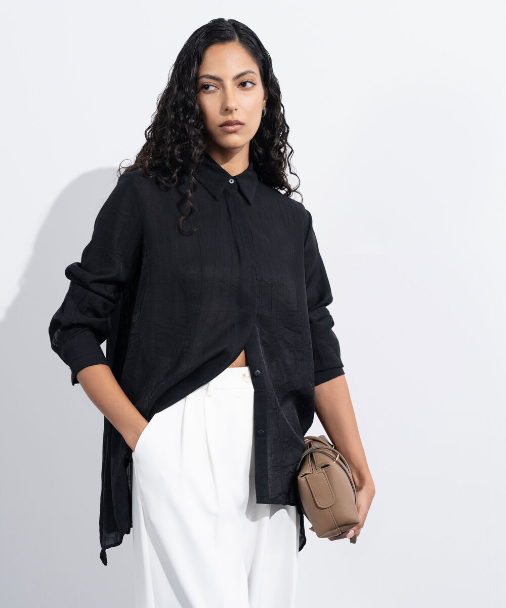 Women's Western Wear Black Loose-Fit Textured Shirt