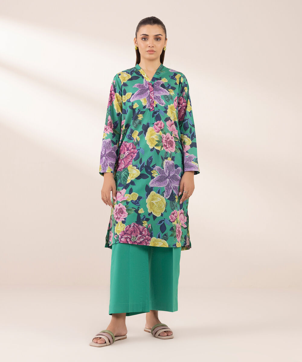 Women's RTW Lawn Green Printed A-Line Shirt