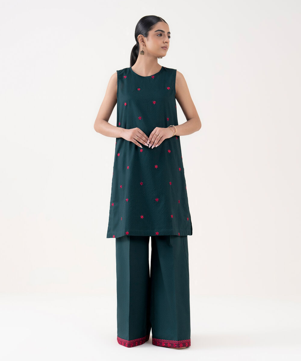 Women's RTW Textured Cotton Blue Embroidered Straight Shirt