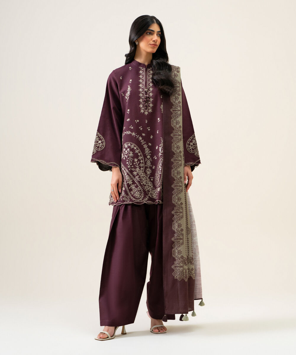 Womens Unstitched Light Khaddar Embroidered Plum 3 Piece Suit