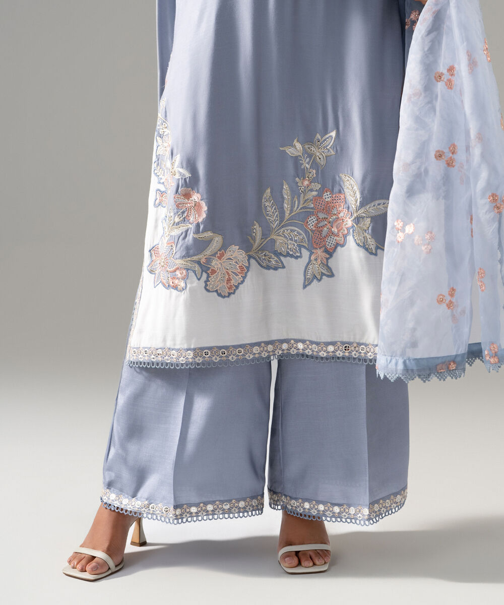 Women's RTW Raw Silk Solid Embroidered Blue 3 Piece Suit