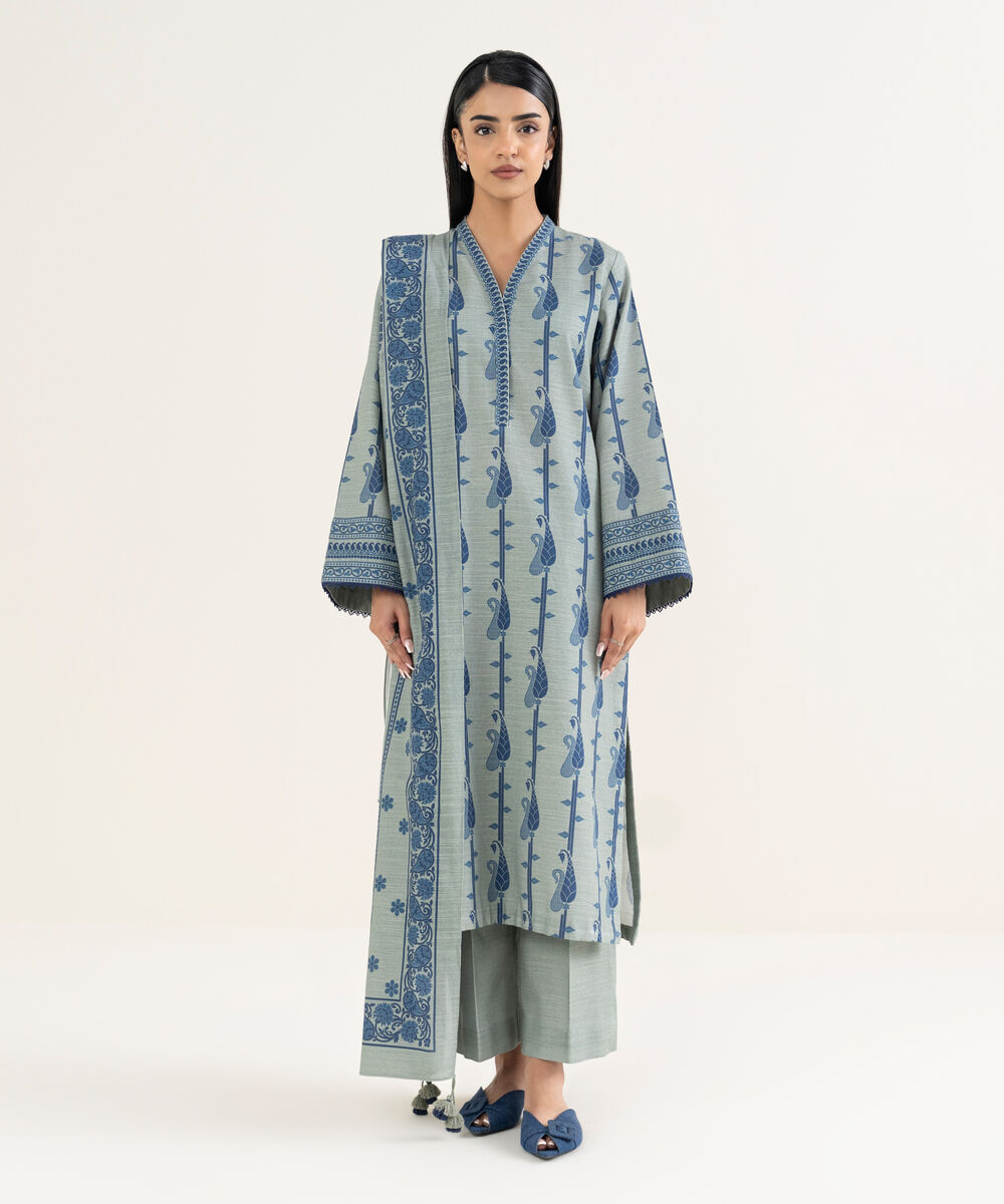 Women's Unstitched Printed Khaddar Grey and Blue 3 Piece Suit