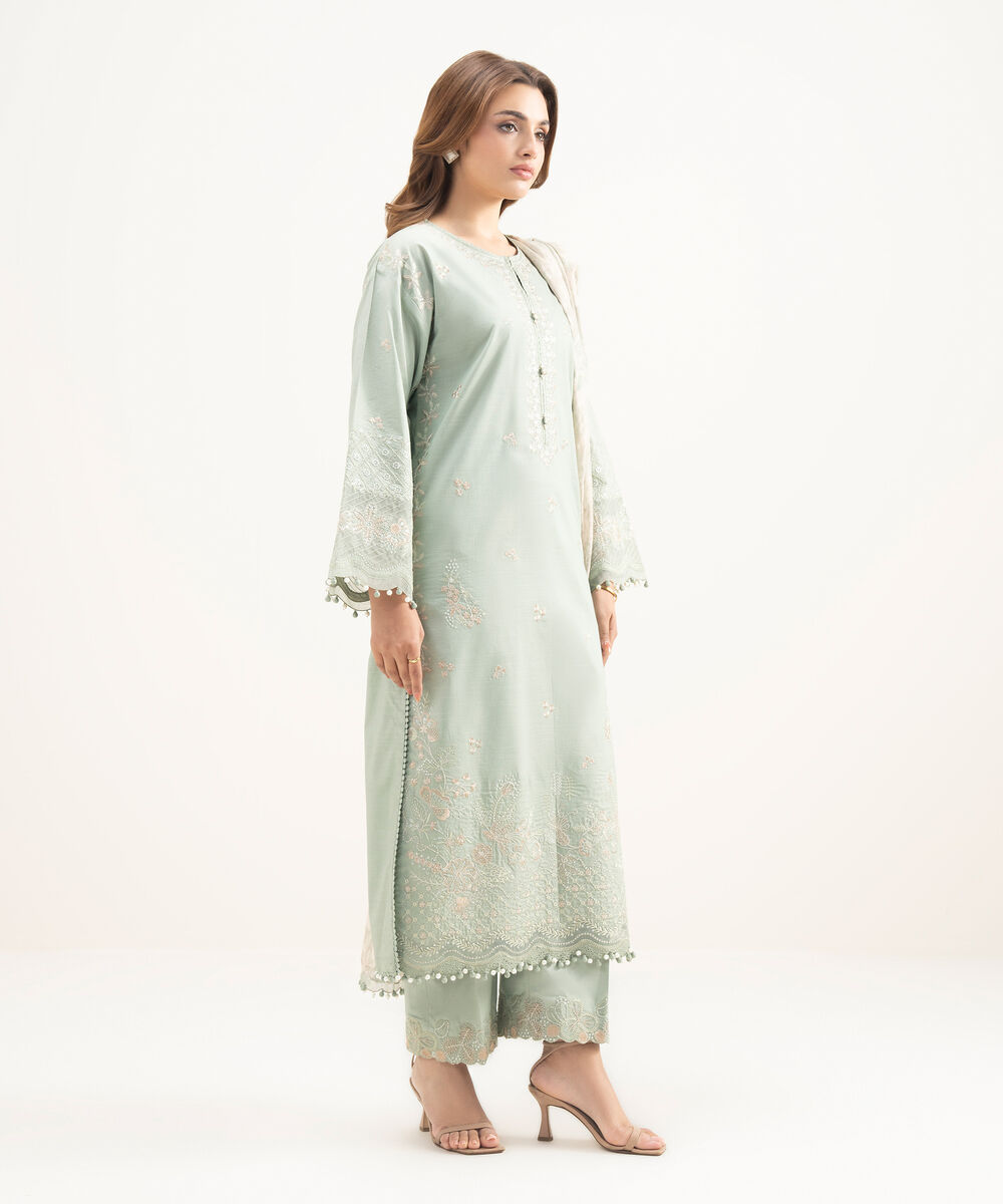 Women's Unstitched Cotton Embroidered Green 3 Piece Suit