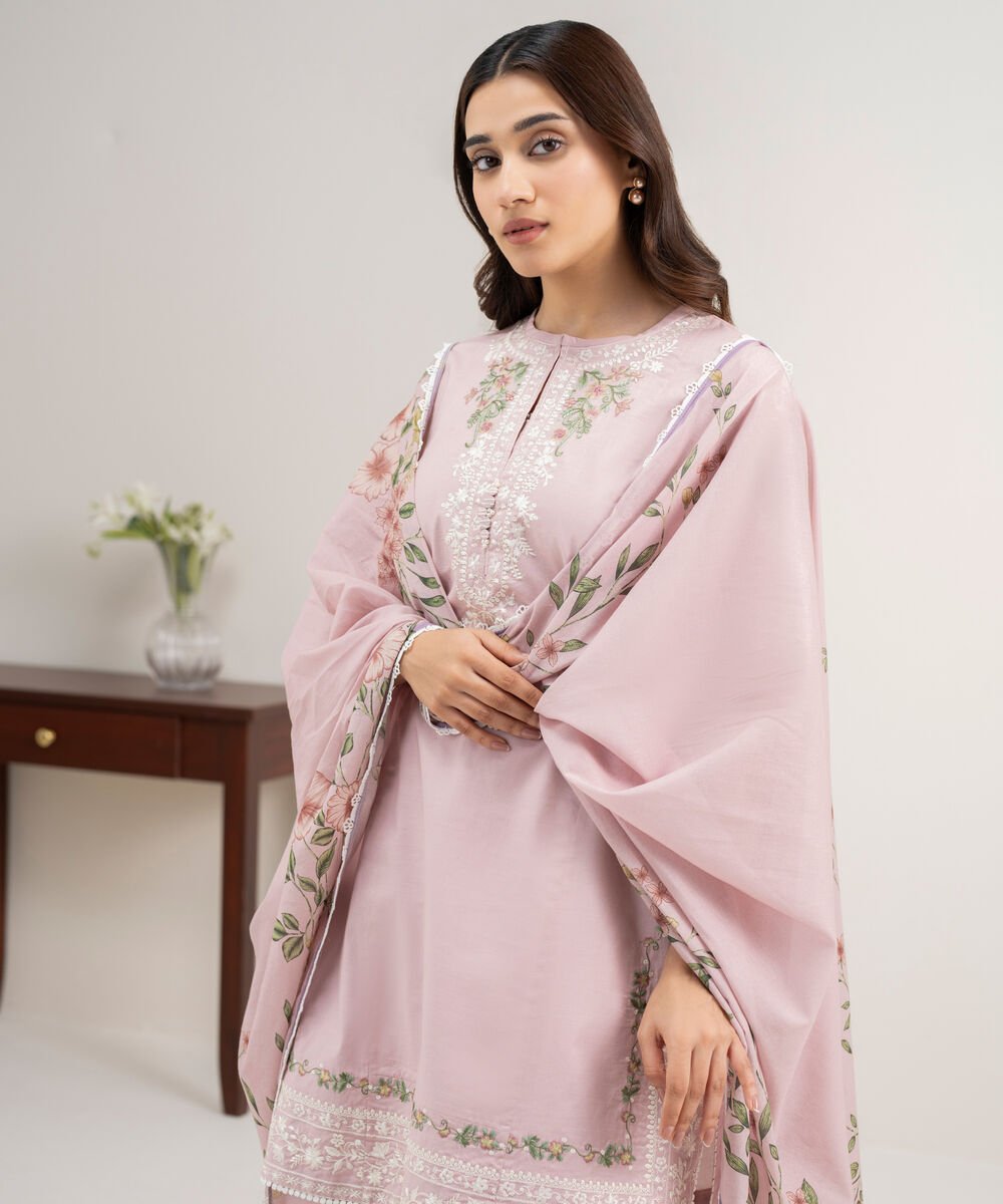 Women's Unstitched Textured Lawn Embroidered Pink 3 Piece Suit