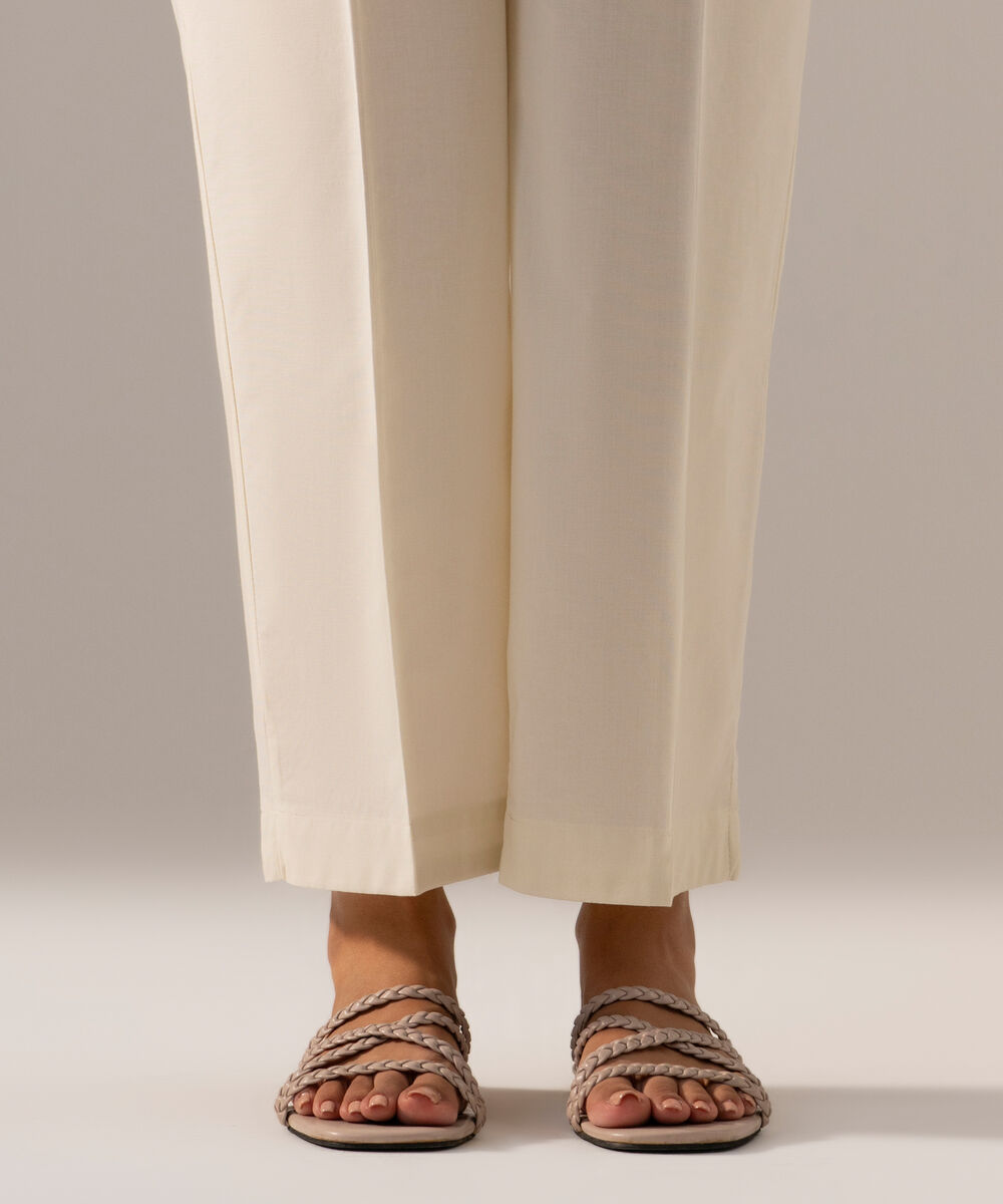 Women's RTW Cambric Solid Off White Straight Pants
