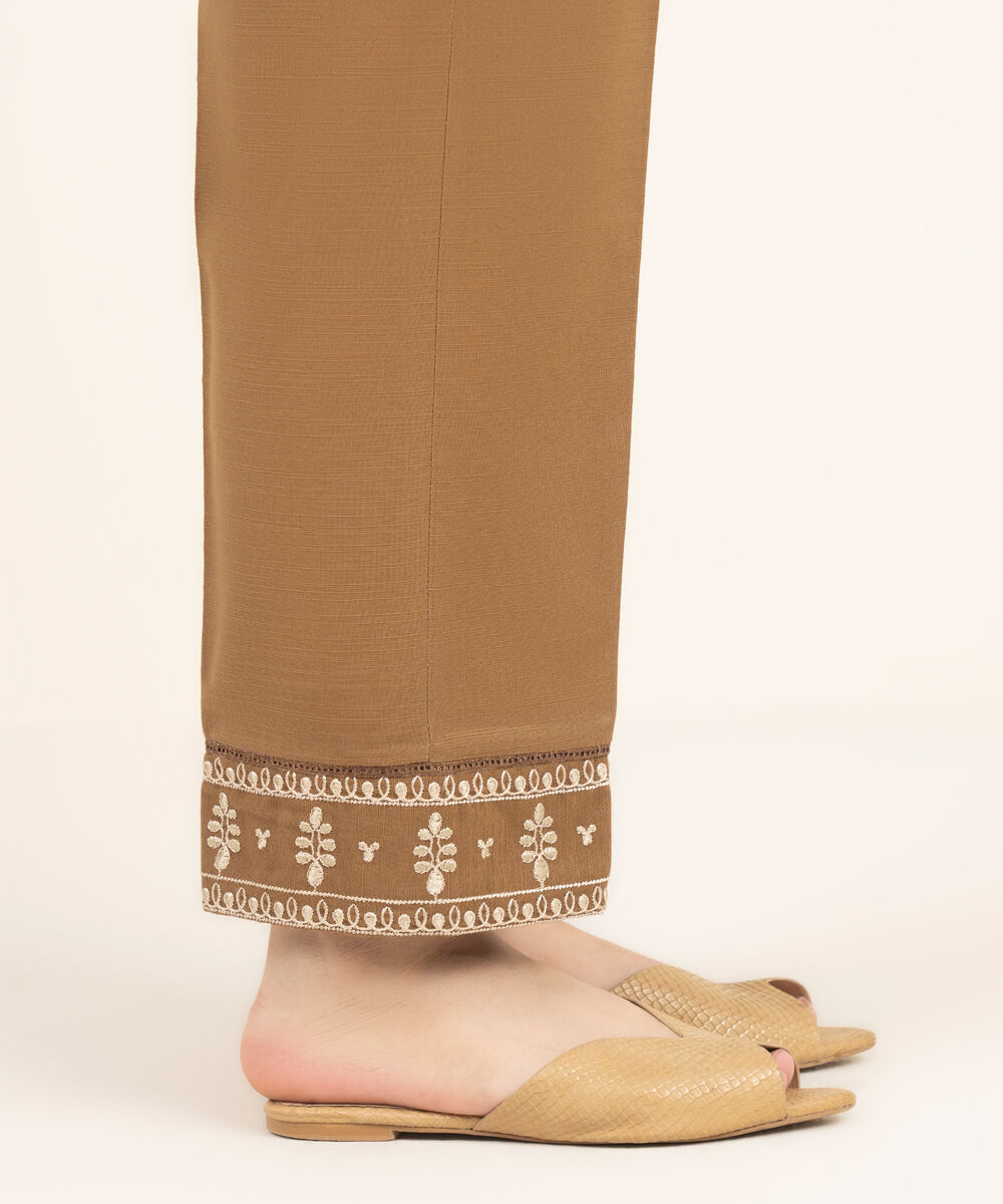 Women's RTW Khaddar Embroidered Brown Straight Pants