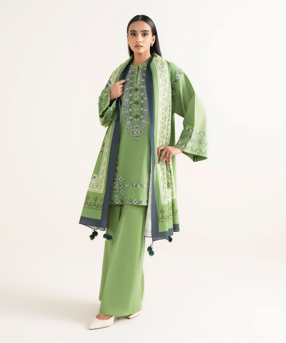Women's Unstitched Dobby Embroidered Green  3 Piece Suit