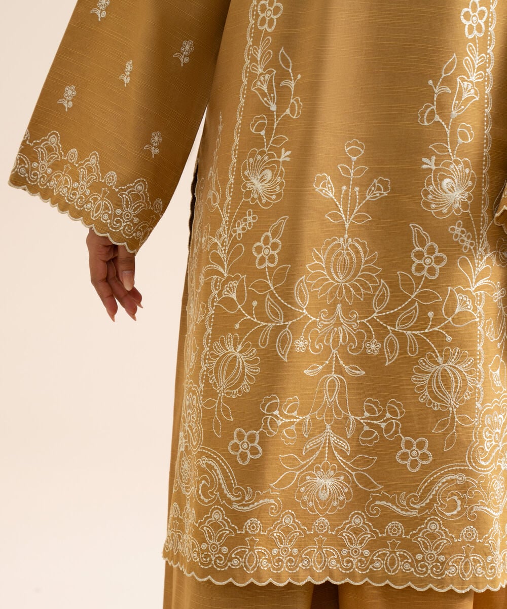Women's Unstitched Light Khaddar Embroidered Mustard 3 Piece Suit