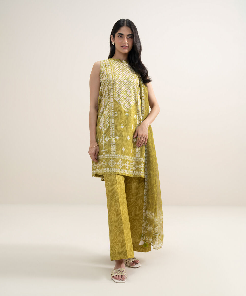 Women's Unstitched Lawn Printed Mustard 3 Piece Suit
