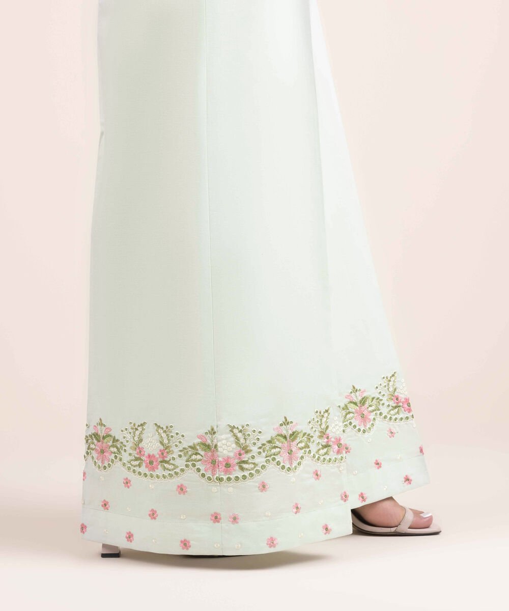 Woman - Green Embroidered Cambric Flared Pants