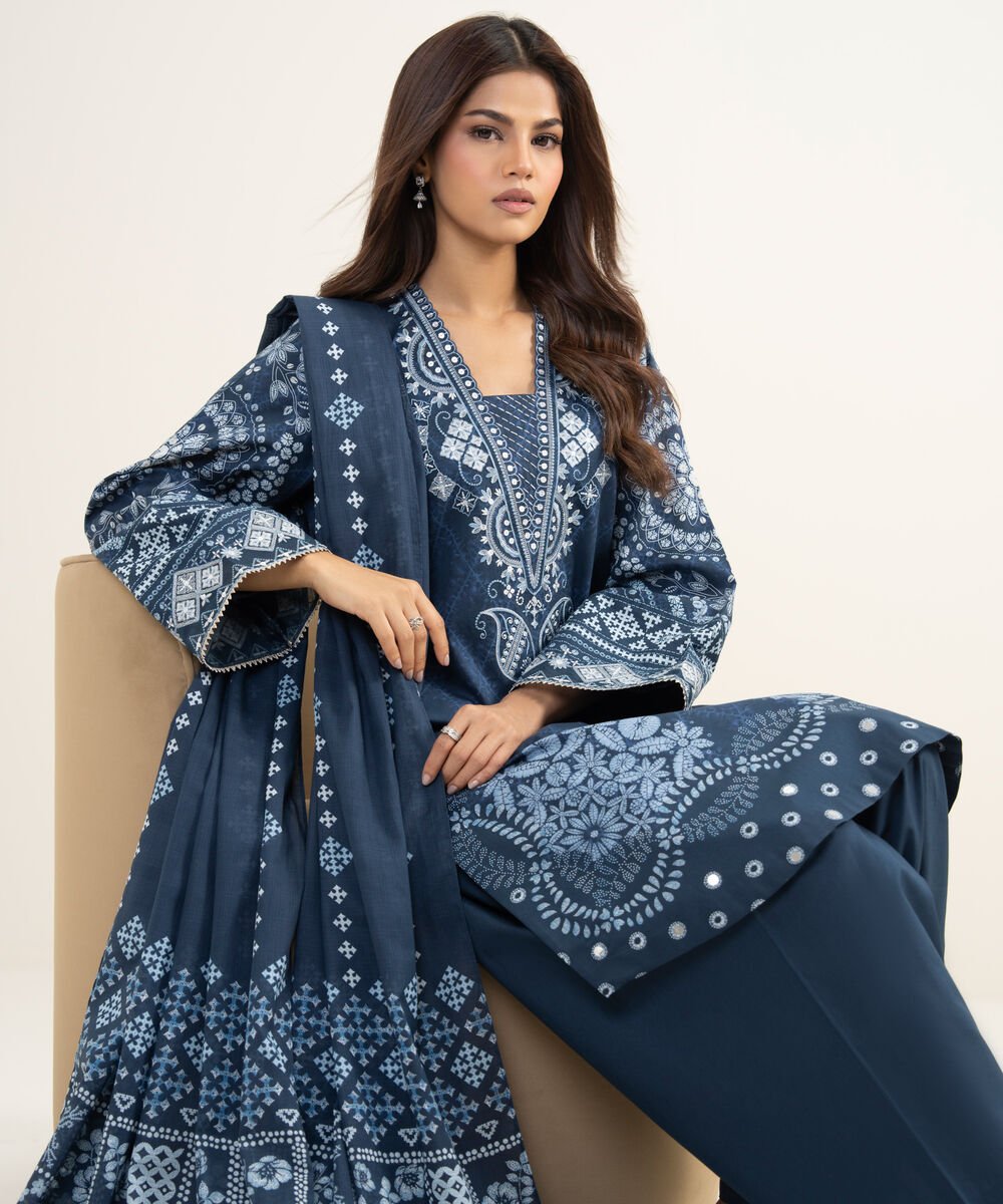 Women's Unstitched Lawn Embroidered Blue 3 Piece Suit