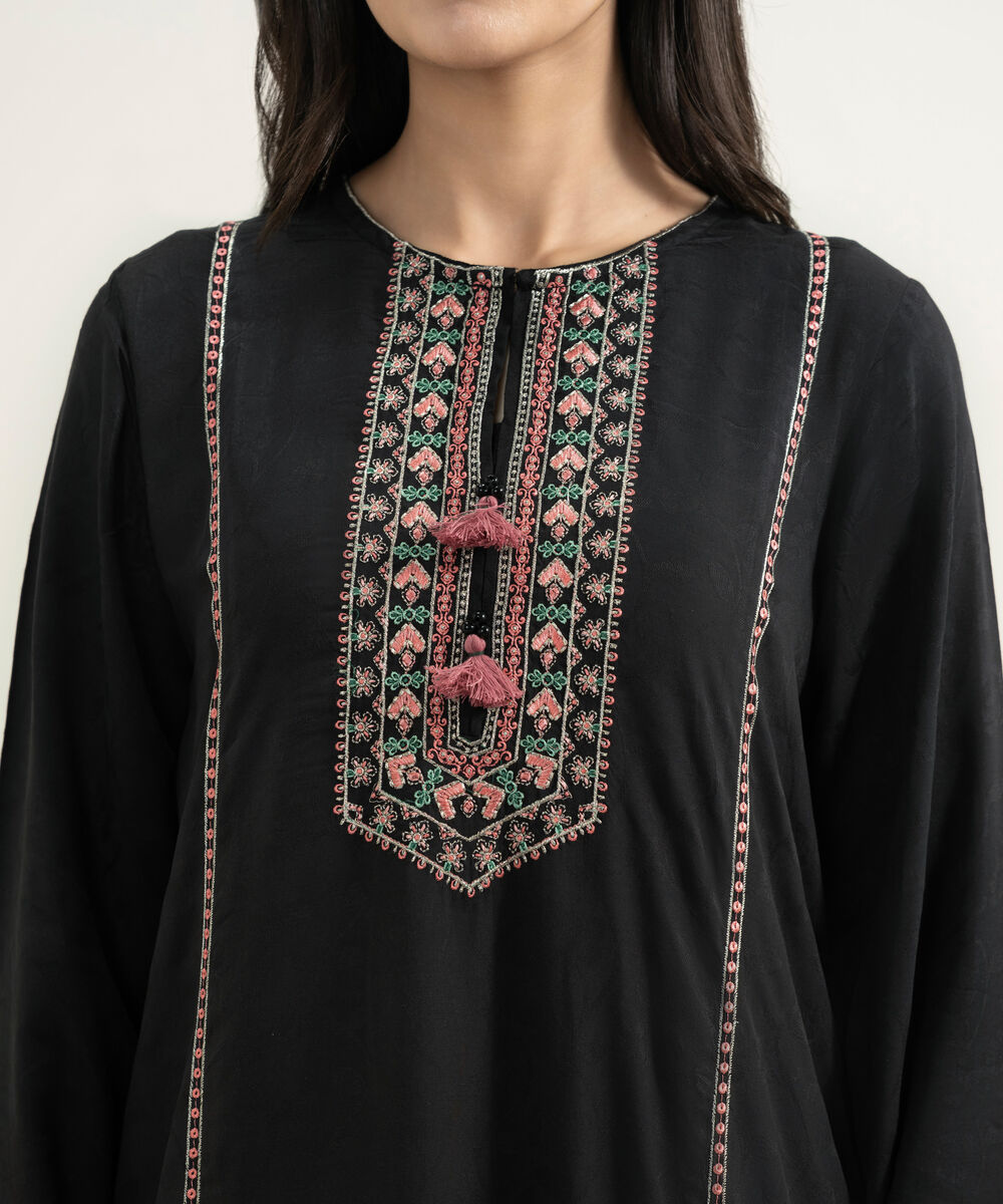 Women's RTW Arabic Self Jacquard Embroidered Black Straight Shirt