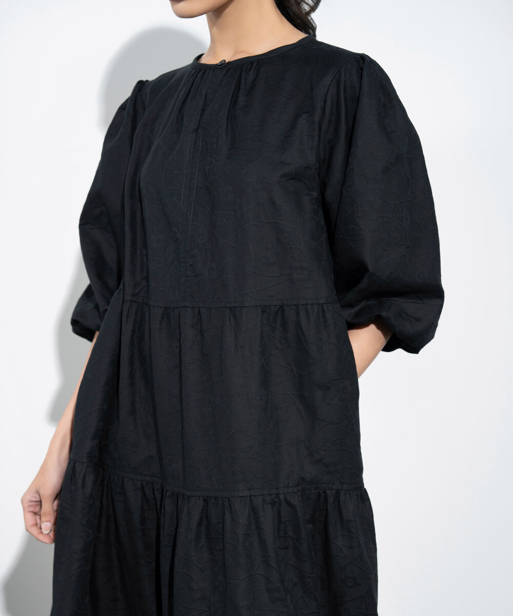 Women's Western Black Floral Textured Jacquard Dress