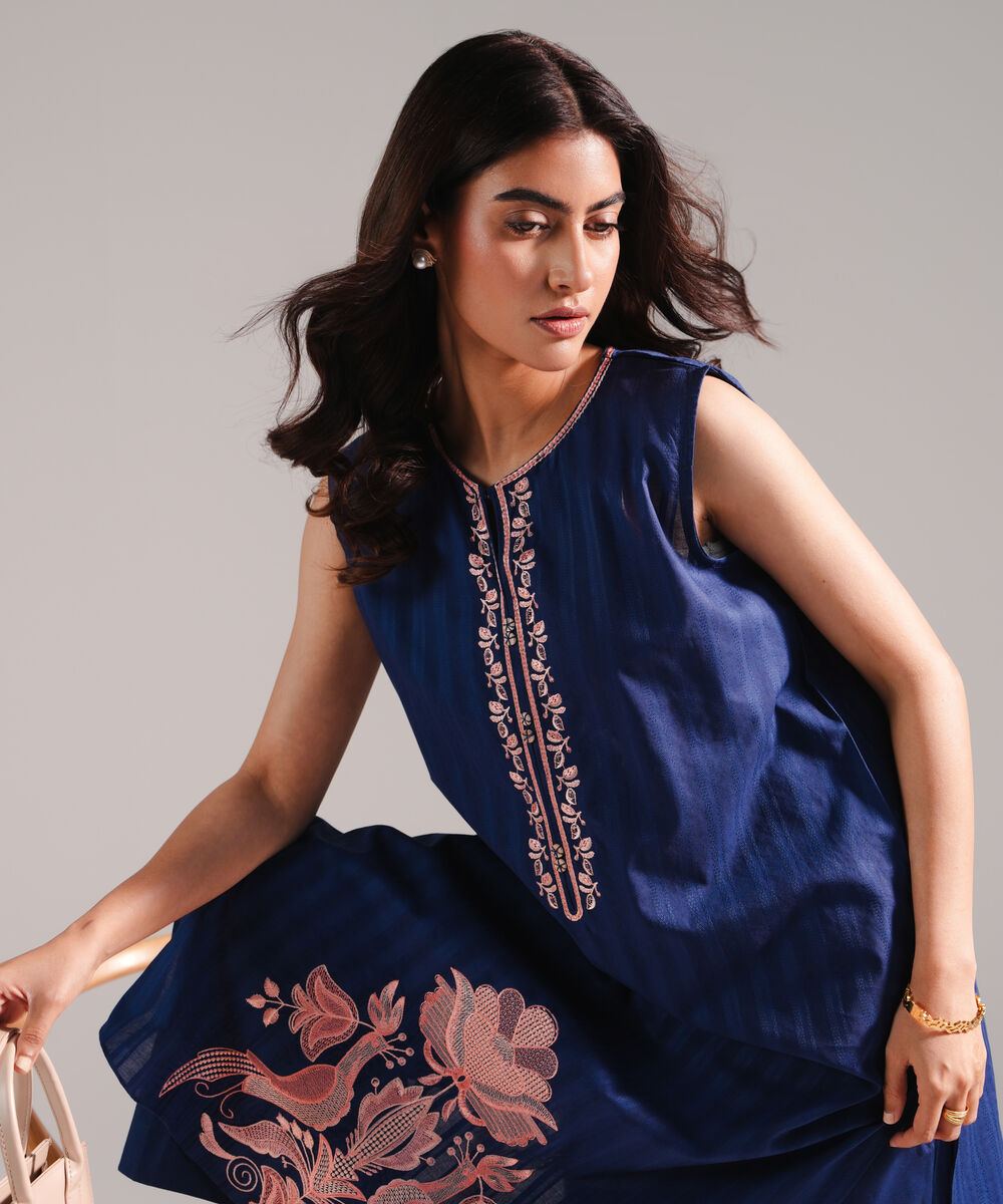 Women's RTW Dobby Embroidered Dark Blue 2 Piece Suit