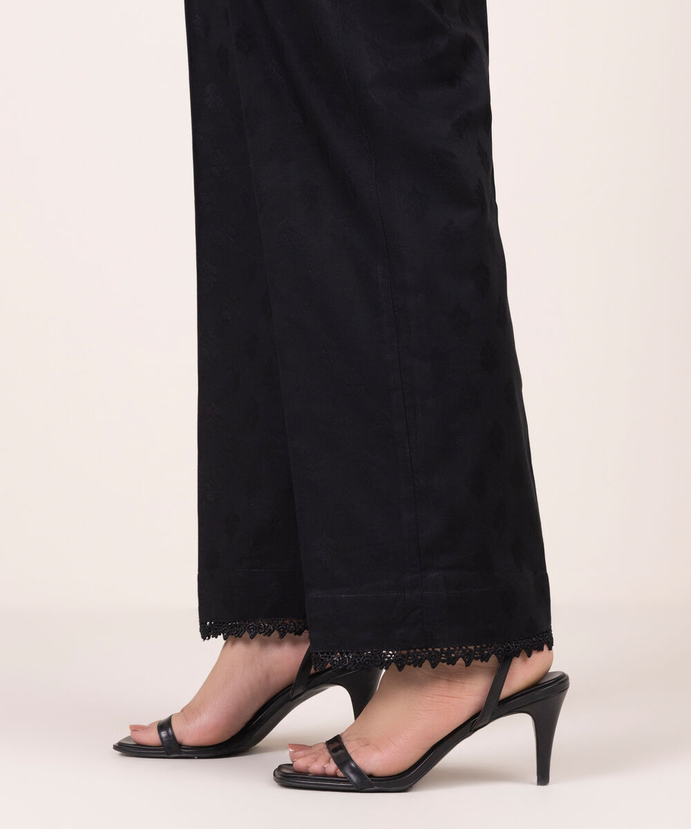 Women's RTW Self Jacquard Solid Black Straight Pants