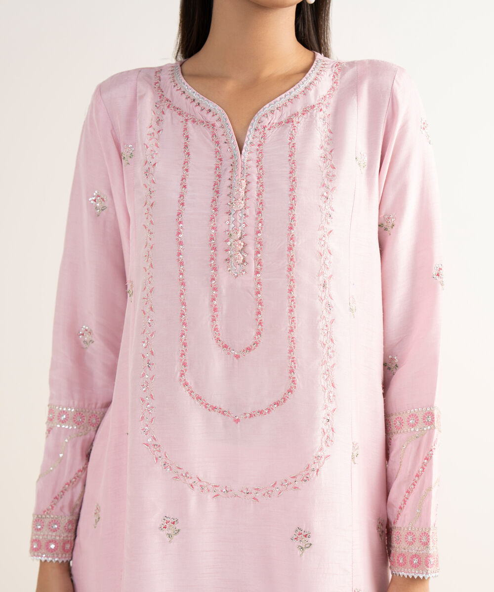 Women's RTW Raw Silk Pink Embroidered 3 Piece Suit
