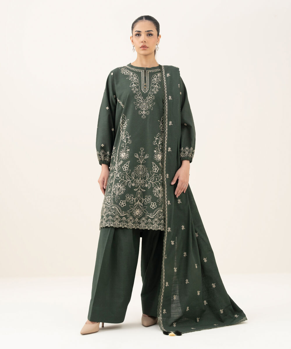 Women's Unstitched Embroidered Khaddar Green 3 Piece Suit