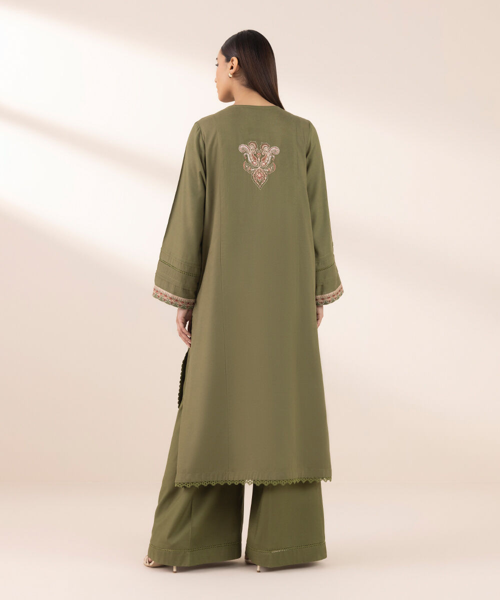 Women's Pret Cotton Viscose Olive Embroidered Straight Shirt