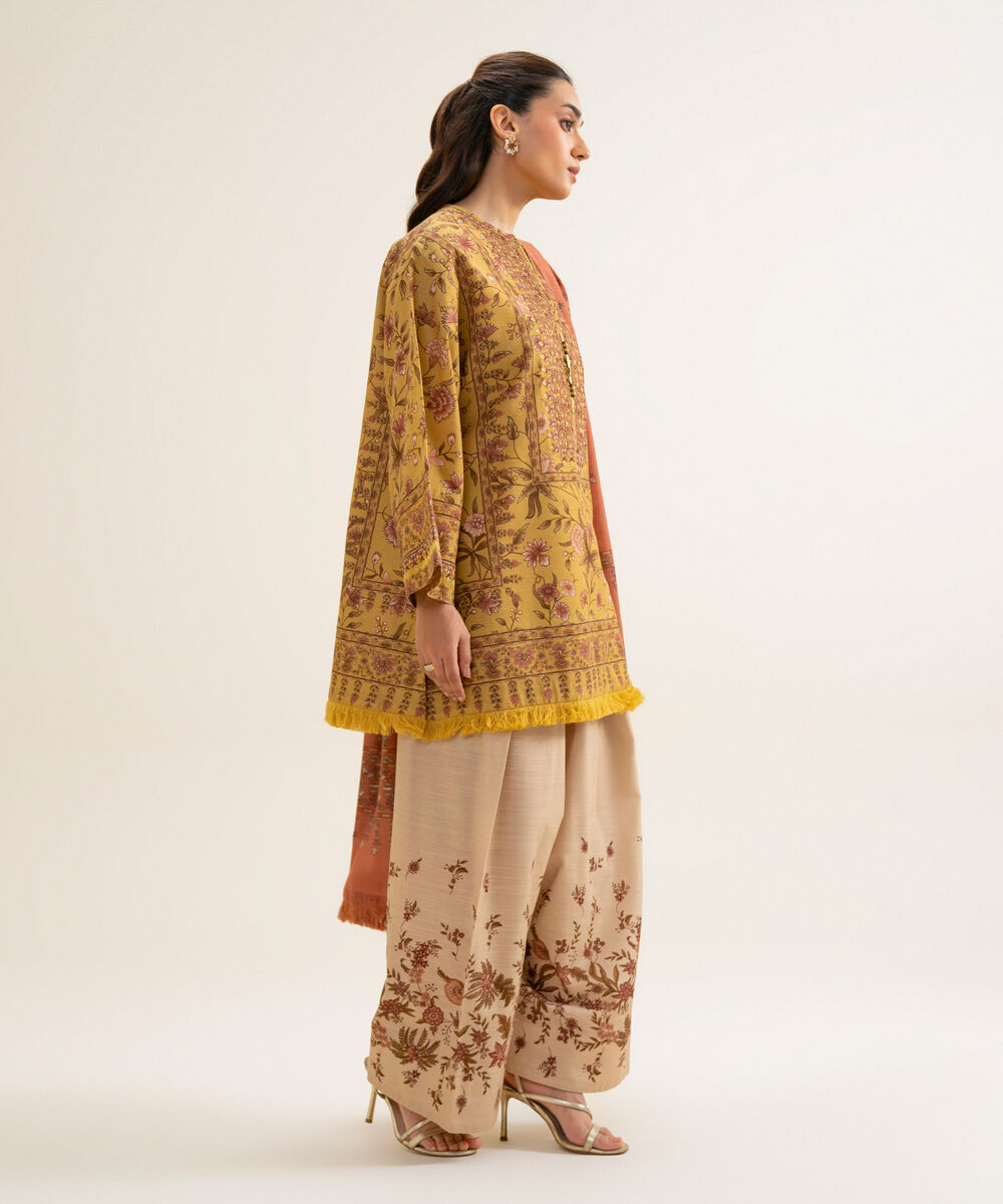 Women's Unstitched Cotton Printed Yellow 3 Piece Suit