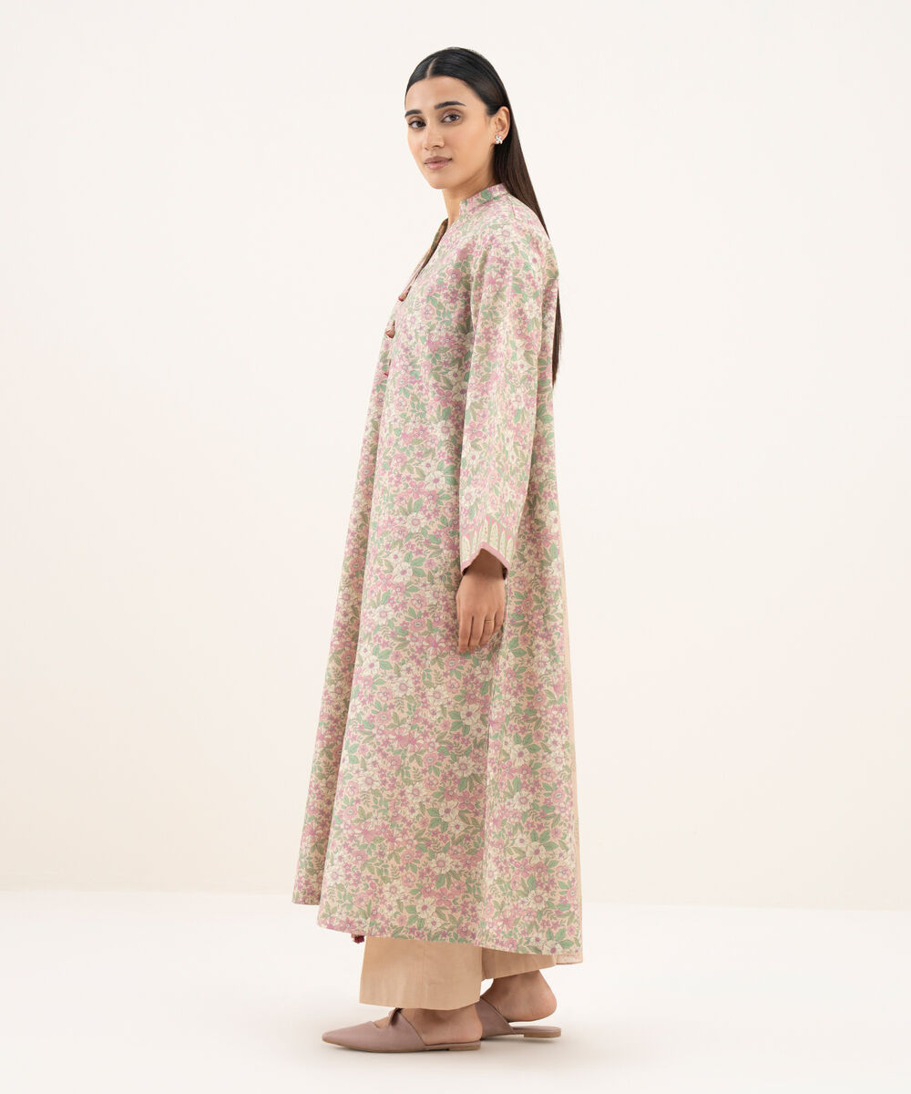 Women's Unstitched Cotton Printed Pink 3 Piece Suit