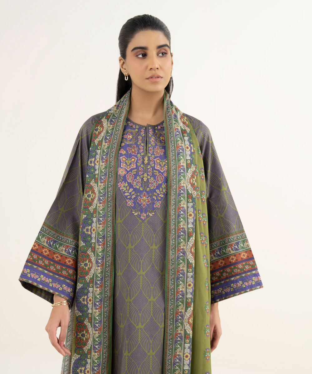 Women's Unstitched Lawn Printed Green 3 Piece Suit