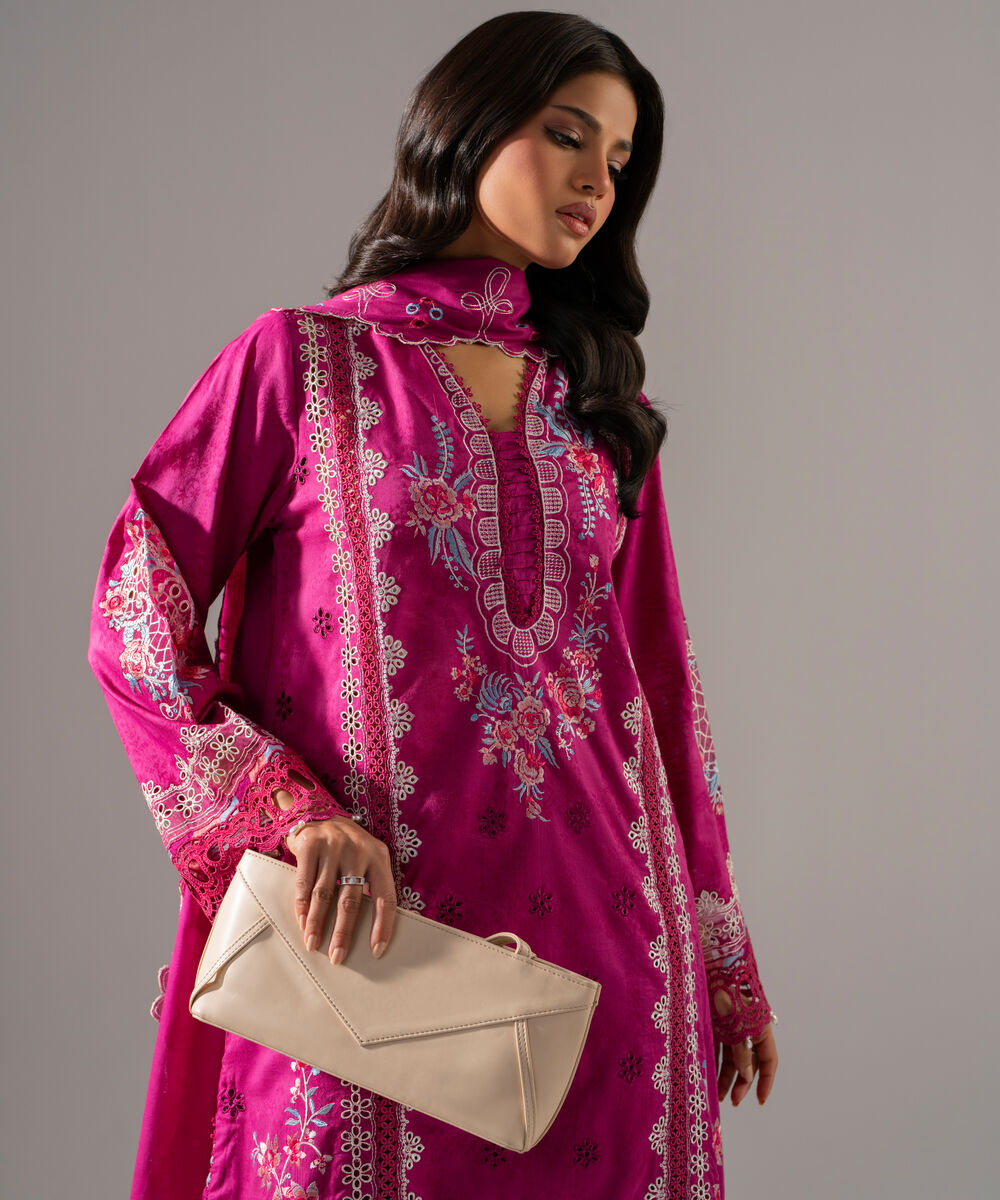 Women's RTW Self Jacquard Solid Embroidered Pink 3 Piece Suit