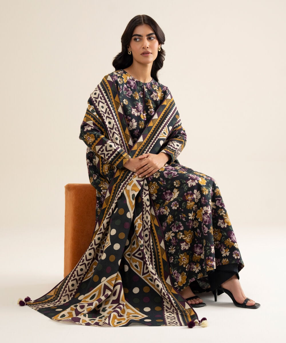 Women's Unstitched Premium Khaddar Printed Black 3 Piece Suit