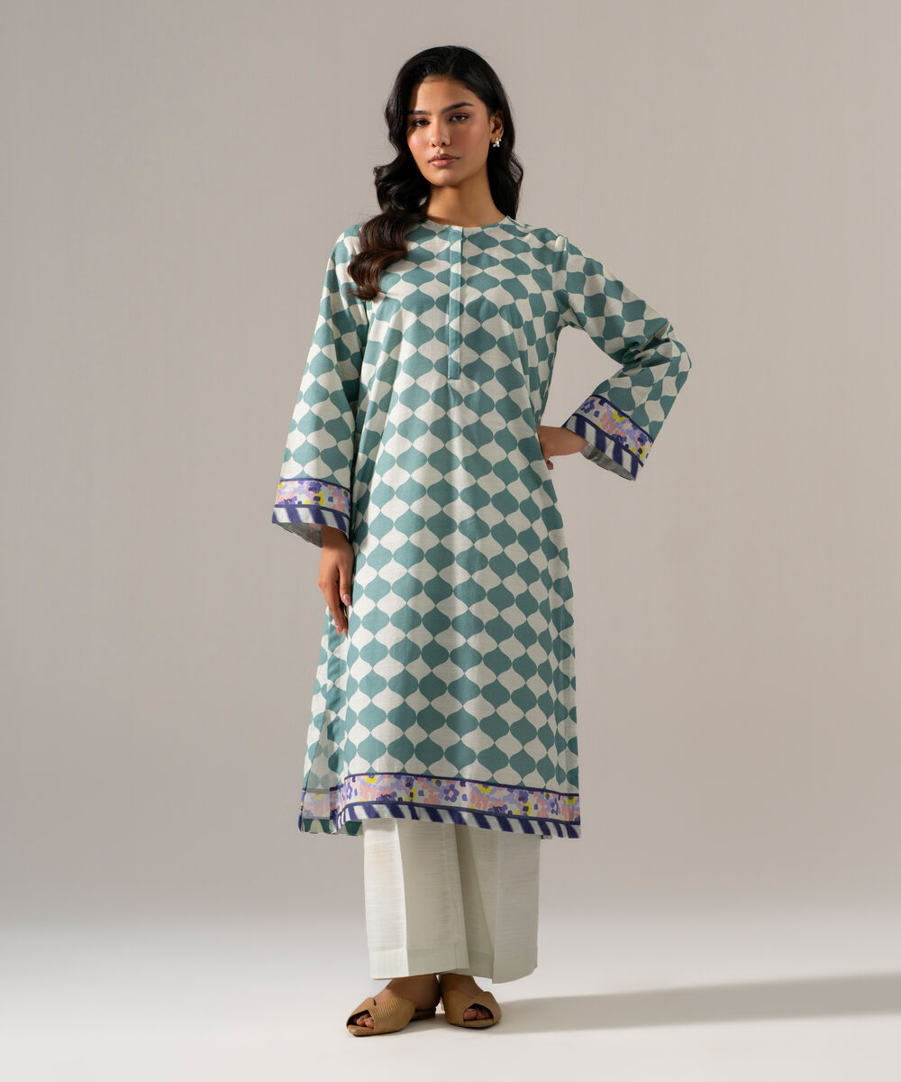 Women's RTW Khaddar Printed Green Straight Shirt
