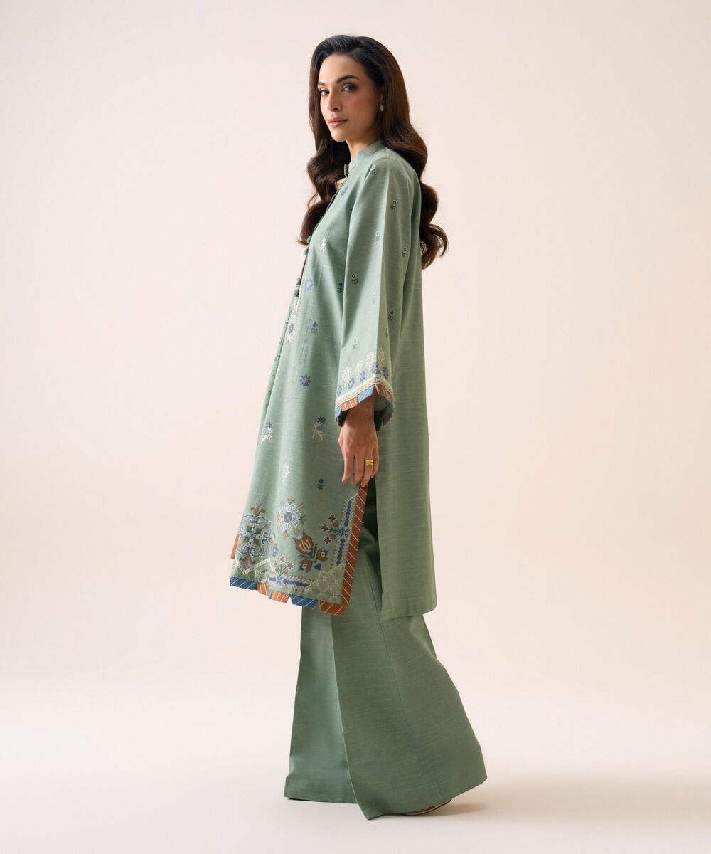 Women's Unstitched Light Khaddar Embroidered Mint Green 3 Piece Suit
