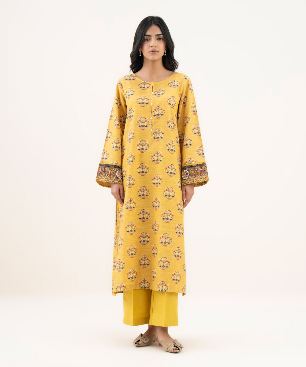 Women's RTW Light Khaddar Printed Straight Yellow Shirt