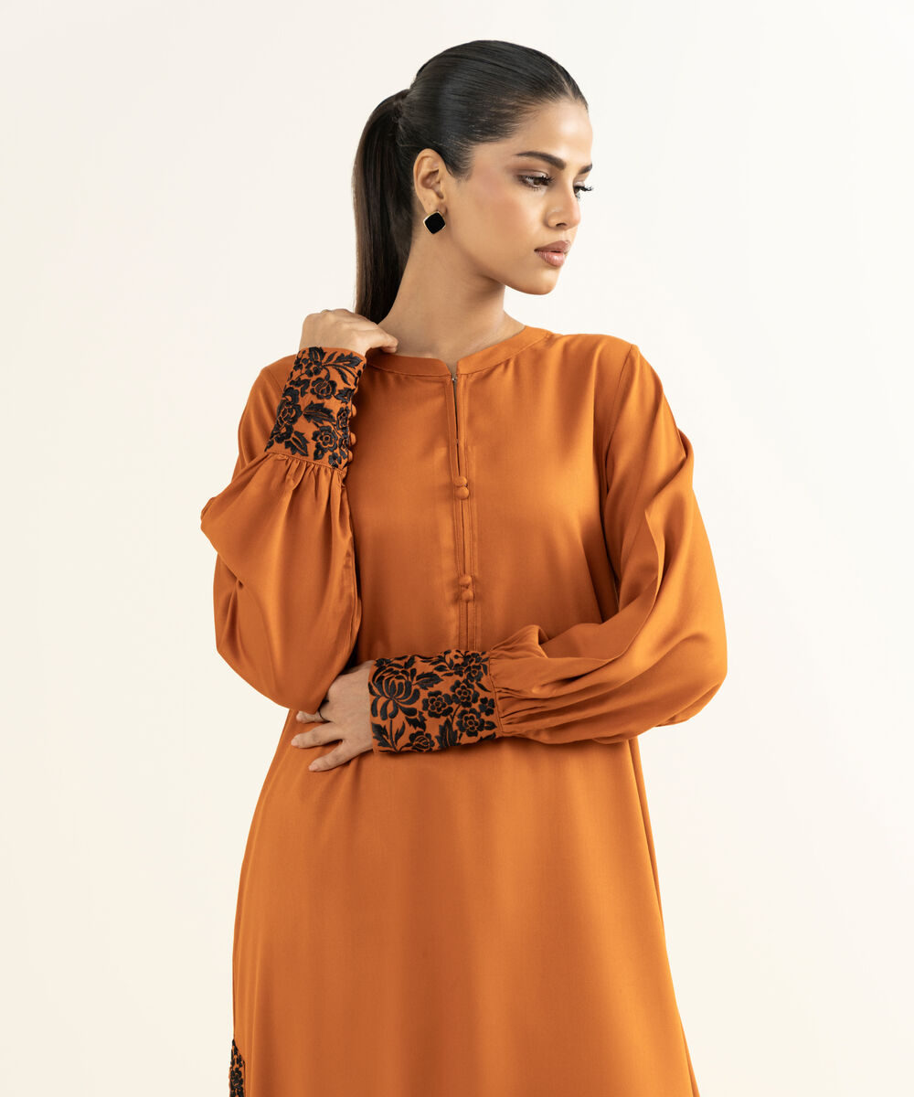 Women's RTW Bedford  Embroidered Rust Straight Shirt