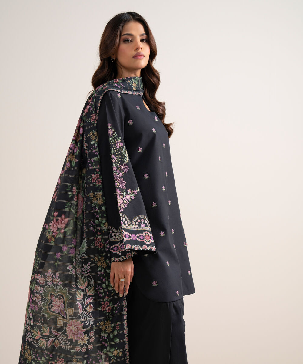 Women's Unstitched Embroidered Cotton Black 3 Piece Suit