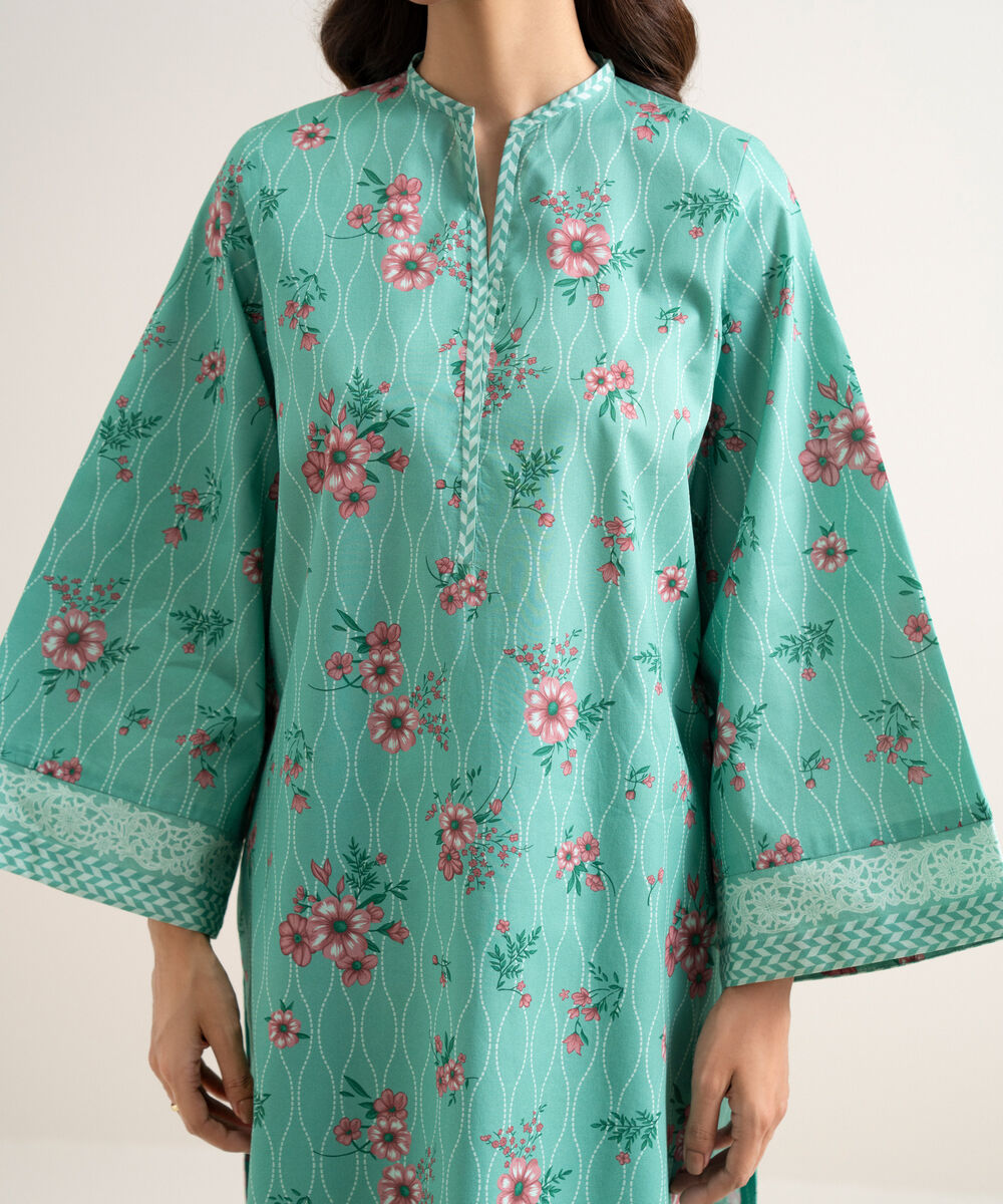 Women's Unstitched Cotton Printed Green 3 Piece Suit