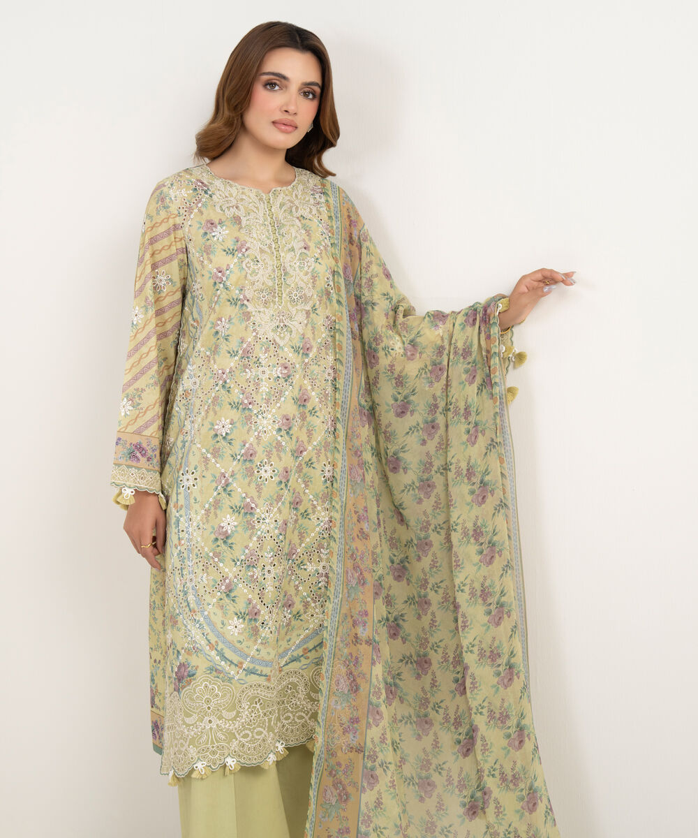 Women's Unstitched Fine Lawn Embroidered Yellow 3 Piece Suit