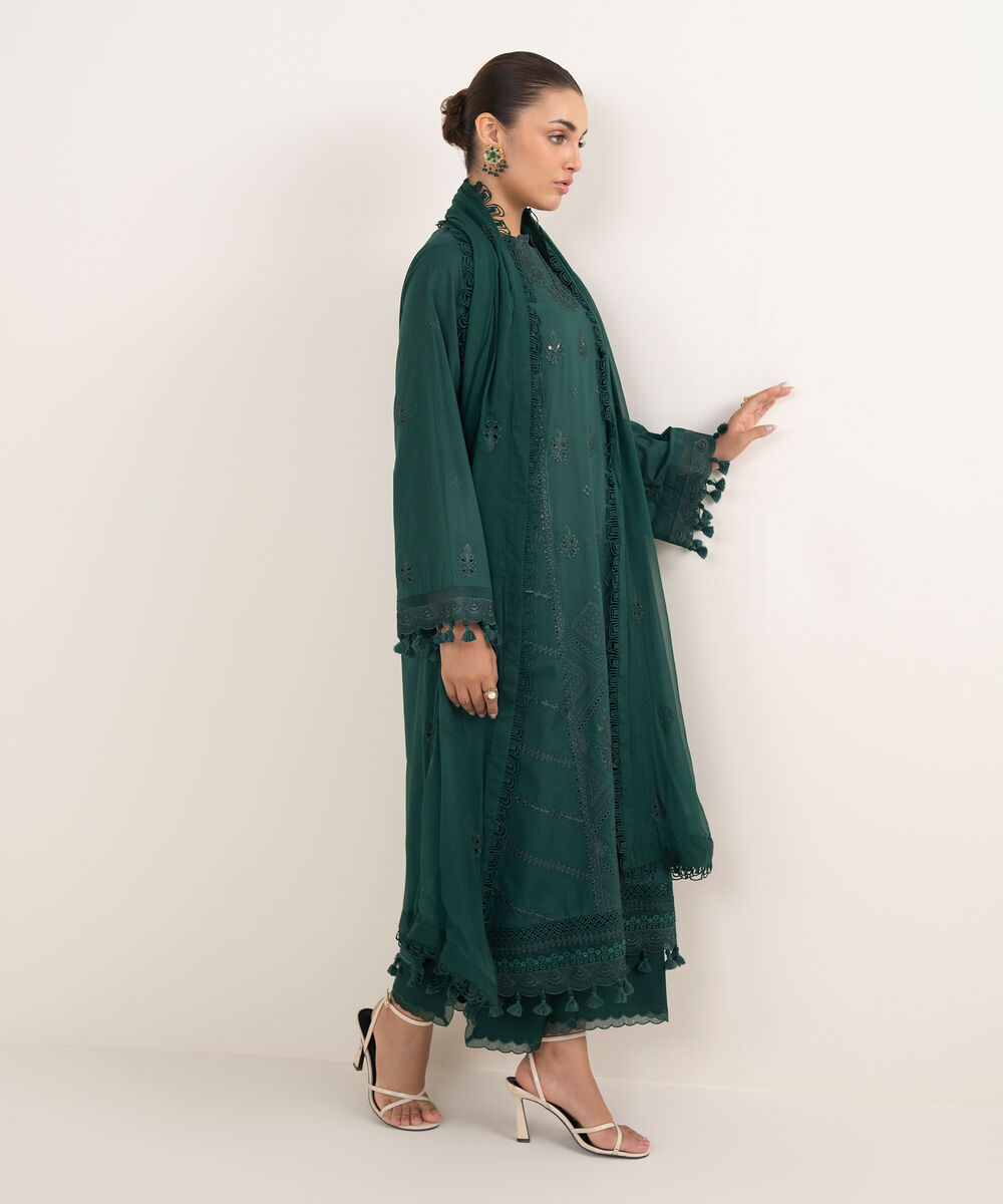 Women's Unstitched Lawn Embroidered Green 3 Piece Suit