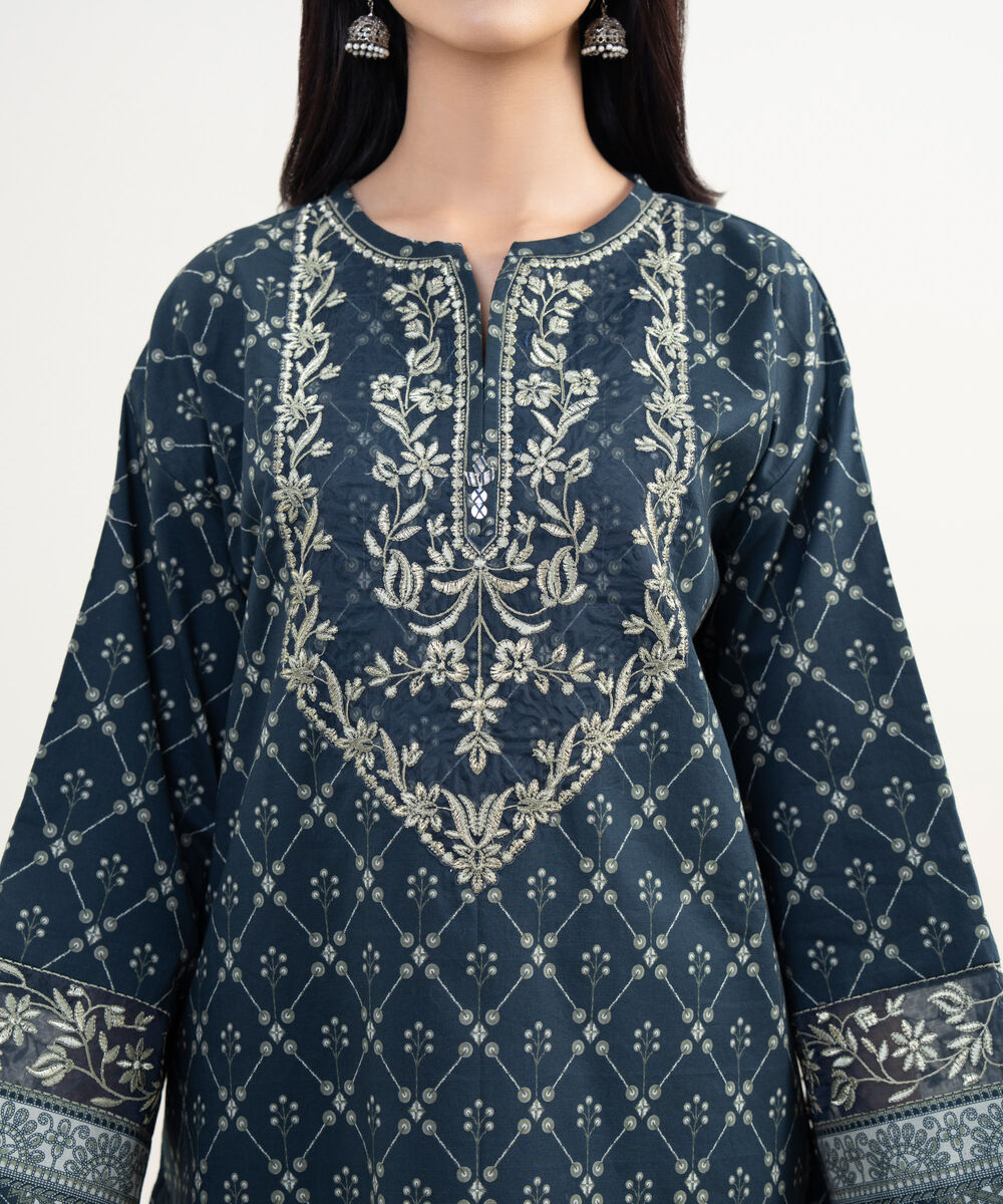 Women's Unstitched Lawn Embroidered Blue 3 Piece Suit